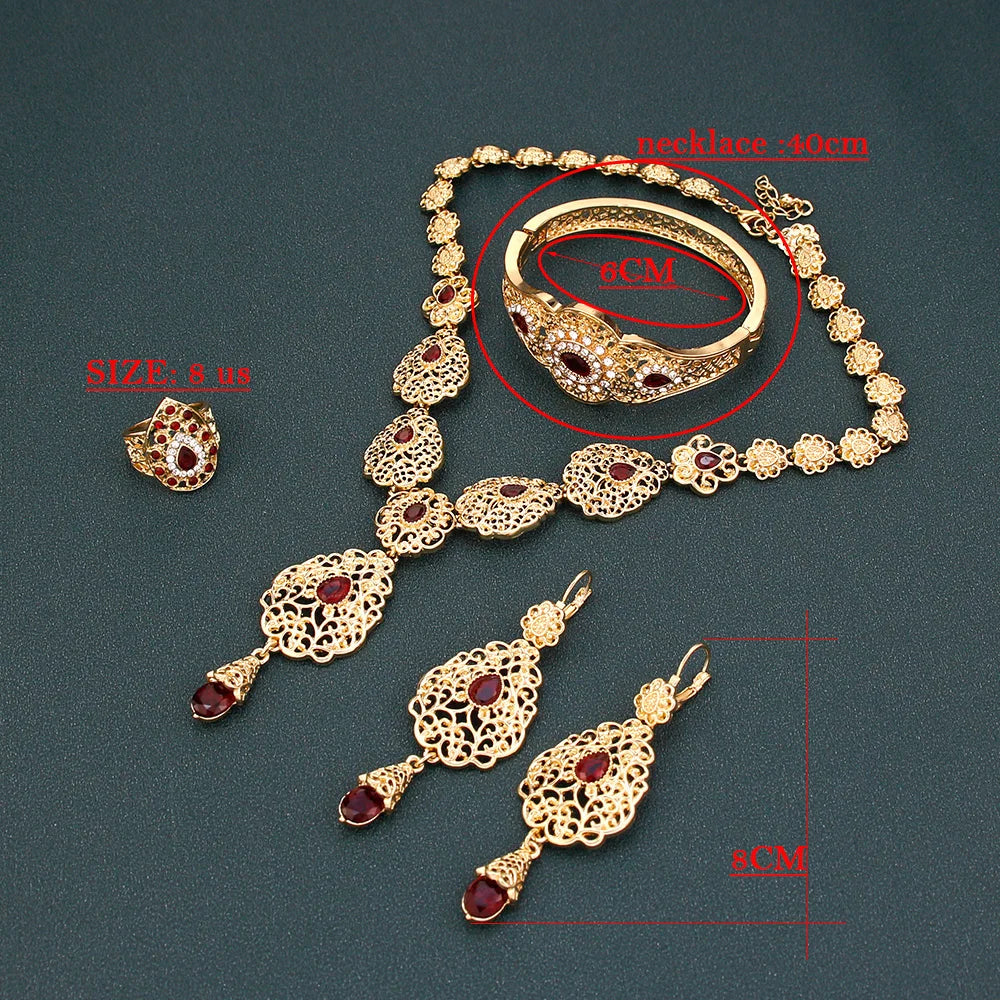 Arabic Jewelry Sets Morocco Choker Necklace Dangler Earring Bracelet Ring Gold Color Ethnic Women Charm Bijoux