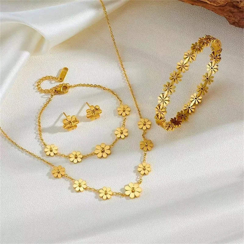 GANEMLY 316L Stainless Steel Daisy Flowers Necklace Earrings Bracelets For Women Fashion Waterproof Jewelry 4-Set Lady Gift