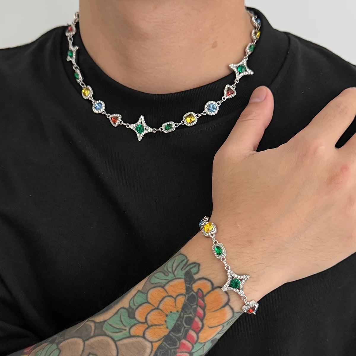 Ingemark Boho Luxury Colorful Crystal Chain Necklace Bracelet for Men Exquisite Creative Adjustable Link Couple Jewelry Set New