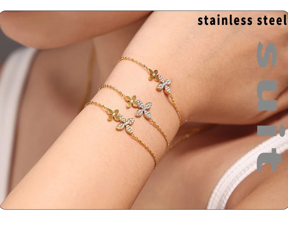 Necklace Bracelet For Women Stainless Steel Zircon Waterproof 4 Petals Flower Pendant Waterproof Chain Charm Jewelry Gift