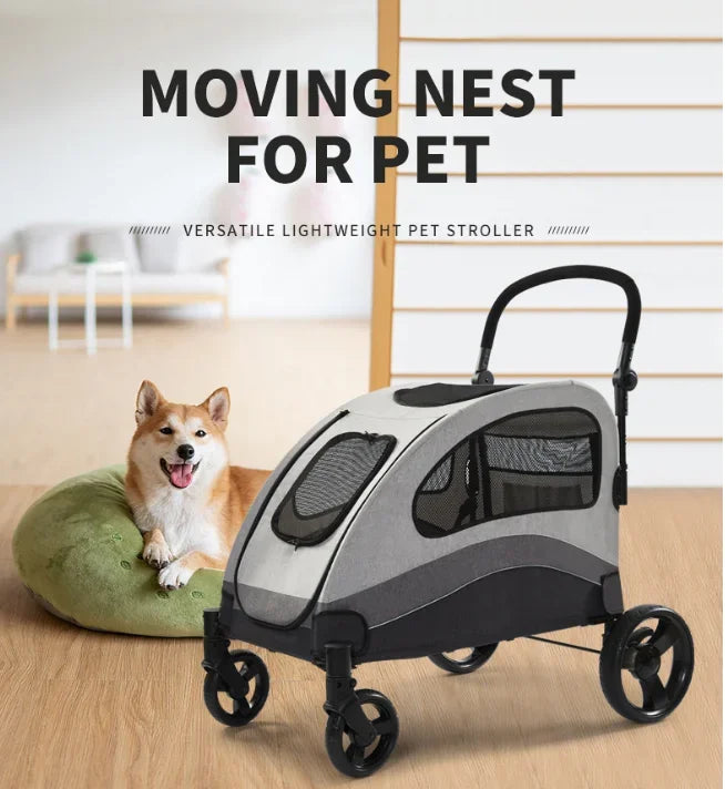 Large Pet Stroller 4 Wheels Dog Carrier with Brakes Portable Puppy Travel Strollers with Breathable Windows Adjustable for Cats