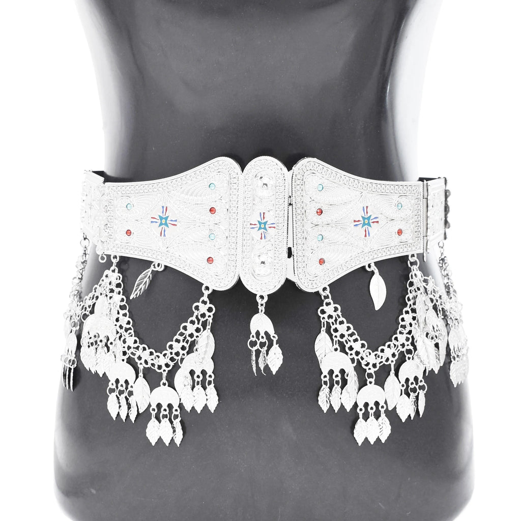 Silver Plated Assyrian Belt Hair Accessories Earrings for Women Kurdish Assyria Ethnic Colorful Flag Leaf Tassel Jewelry Sets