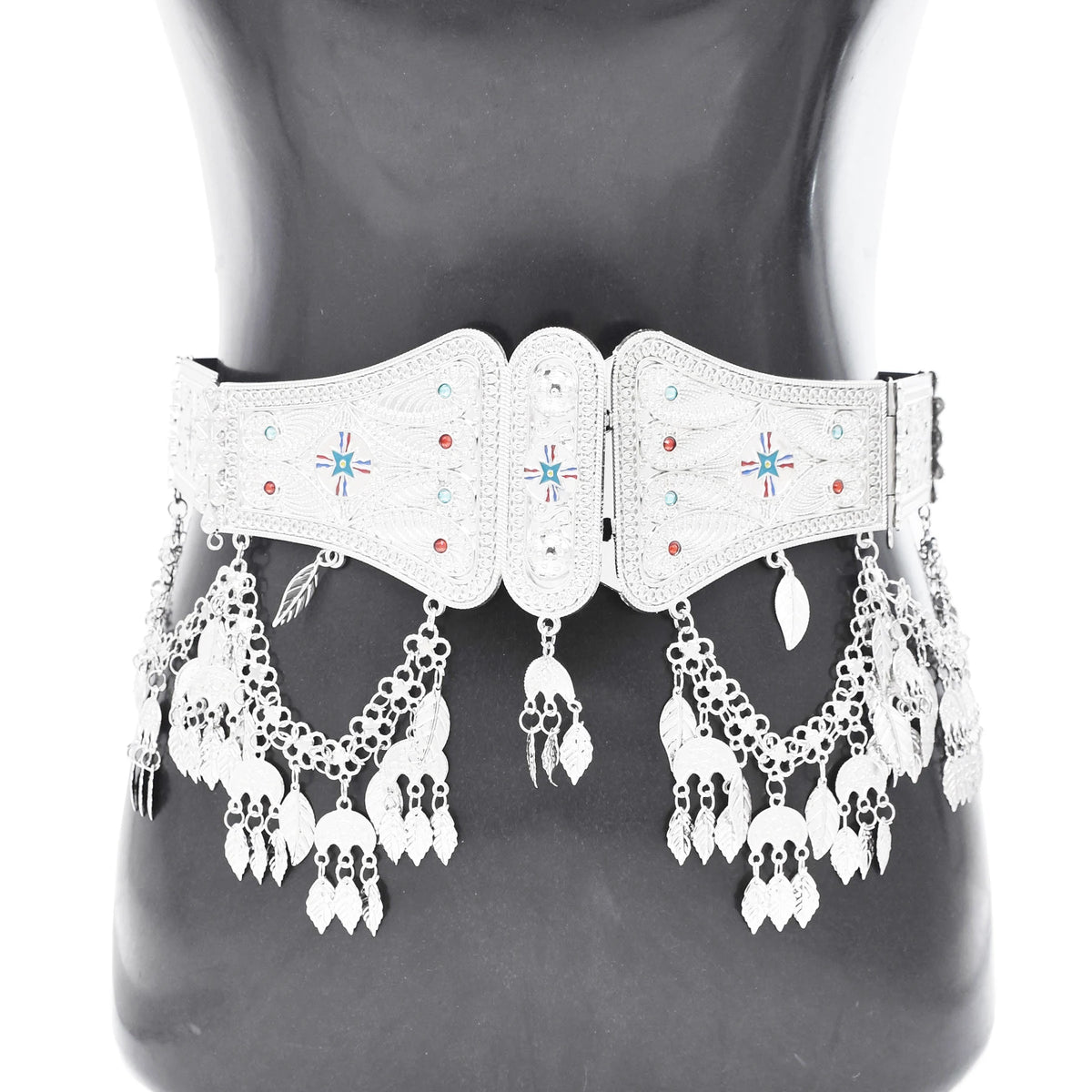 Silver Plated Assyrian Belt Hair Accessories Earrings for Women Kurdish Assyria Ethnic Colorful Flag Leaf Tassel Jewelry Sets