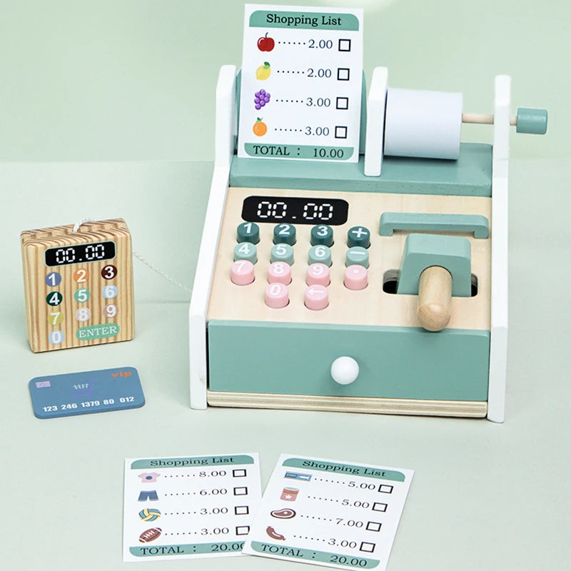Kids Wooden Simulation Supermarket Checkout Counter Toy Cash Register Kids Role-Play Toys Kitchen Toys Girls Pretend Play