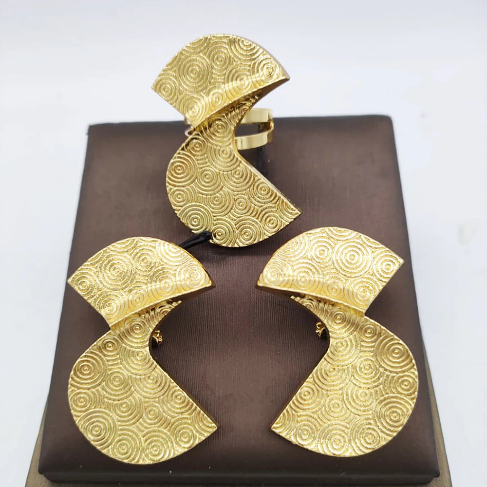 Dubai Golden Jewelry Set 18K Gold Plated Earrings and Ring for Women Wedding Bride Gift Arabic Nigerian Jewellery Accessories