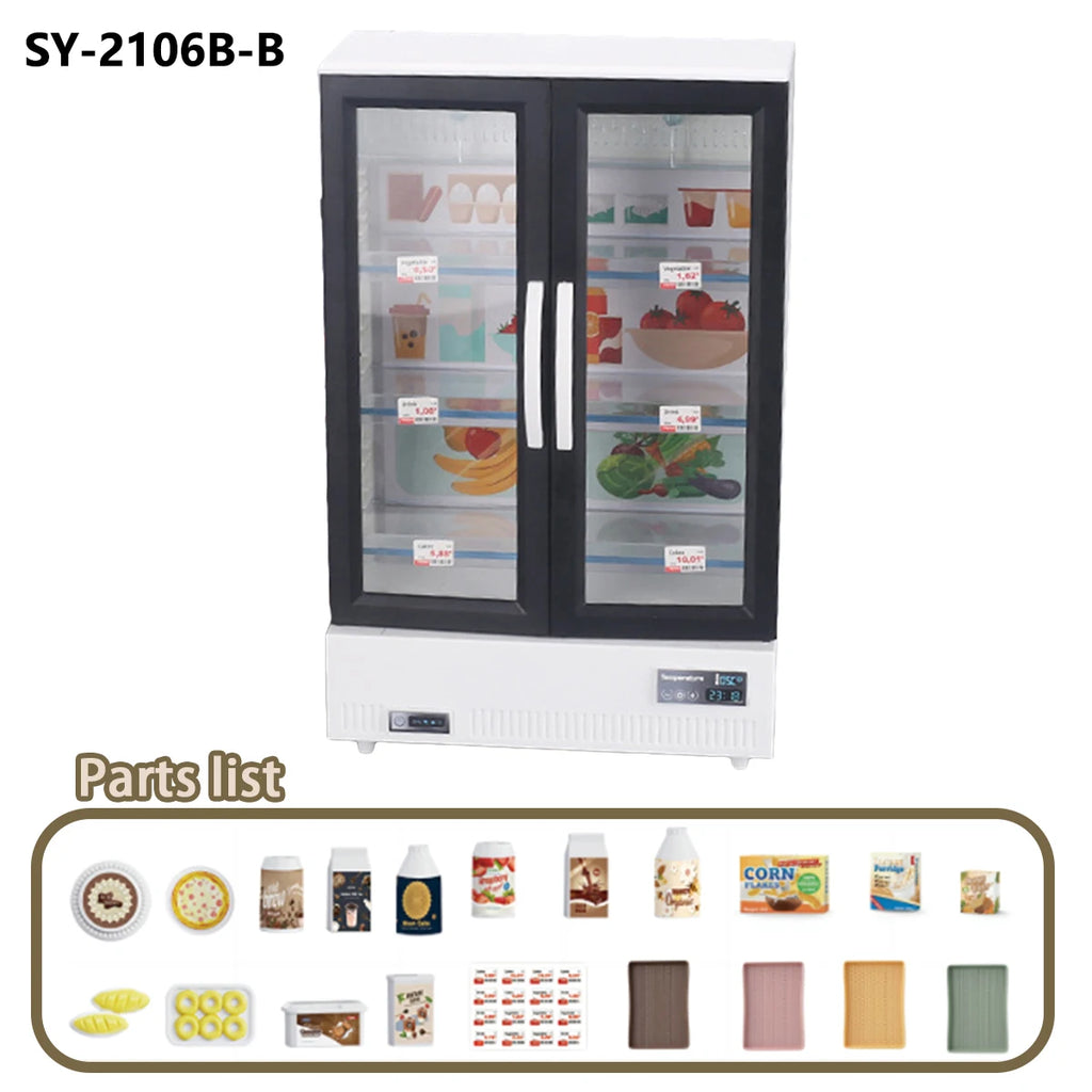 21PCS Kitchen Toy Double-Door Large Refrigerator Miniature Furniture Music Light Food Accessories Model For Girl Birthday Gift