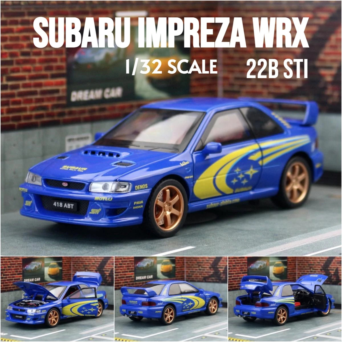 1/32 Subaru Impreza WRX 22B STI JDM Super Car Model Diecast Metal Vehicle Miniature Pull Back Display Collection Gift Boyfriend