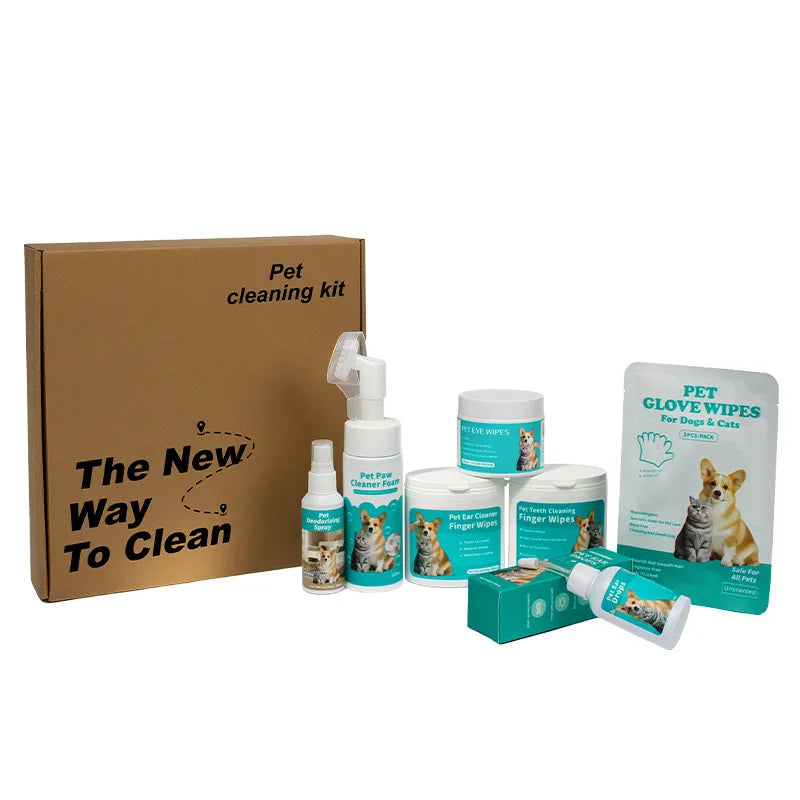 Pet Cleaning Kit for Dogs Cats No Rinse Wipes Set Eye Ear Teeth Paw Cleaner Deodorant Spray Drops All in One Pet Care Supplies