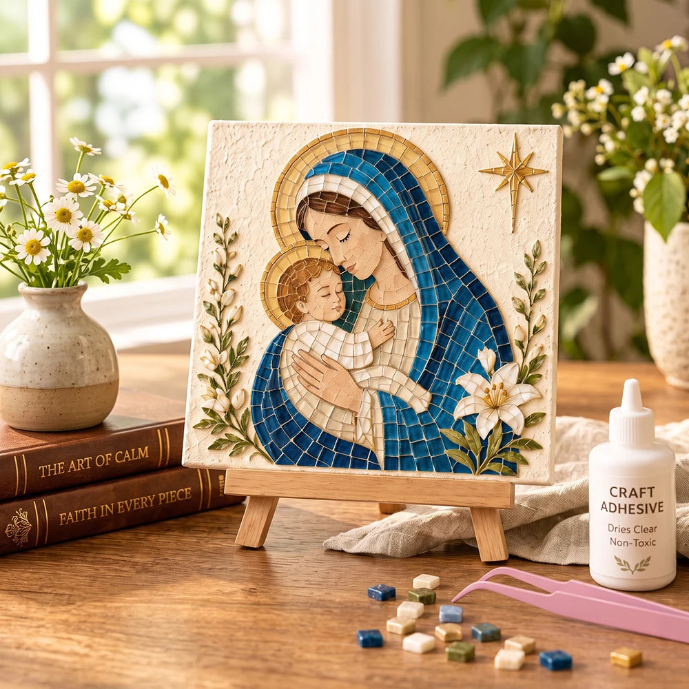 Religious Christmas Mosaic DIY Craft Kit, Glass Mosaic Tile Art Set with Easel, Glue & Tweezers, Kids Adult Handmade Decor Gift