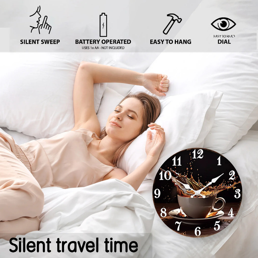 A Stylish Modern Coffee Cup Splash Wooden Wall Clock for Living Room, Bedroom, Kitchen, Home Decoration, Silent Quartz Clock, Holiday Gift, 10 Inches, 12 Inches (No Battery)