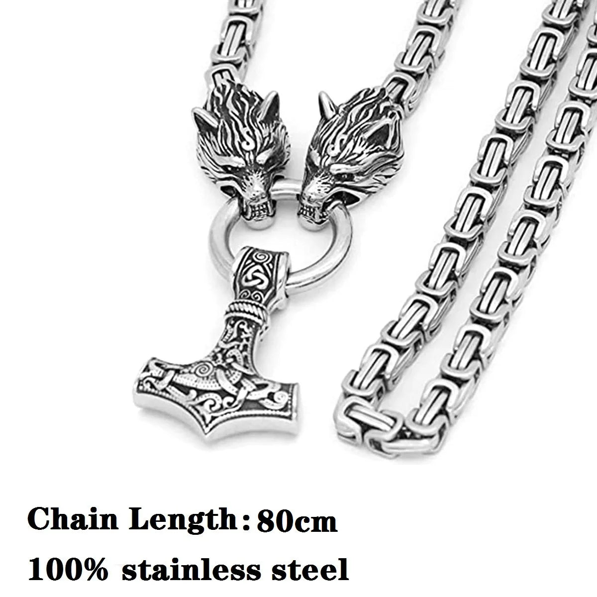 Stainless Steel Wolf Head Pendant Byzantine Emperor Chain Necklace Bracelet Set Norse Viking Amulet Thor Hammer King Jewelry