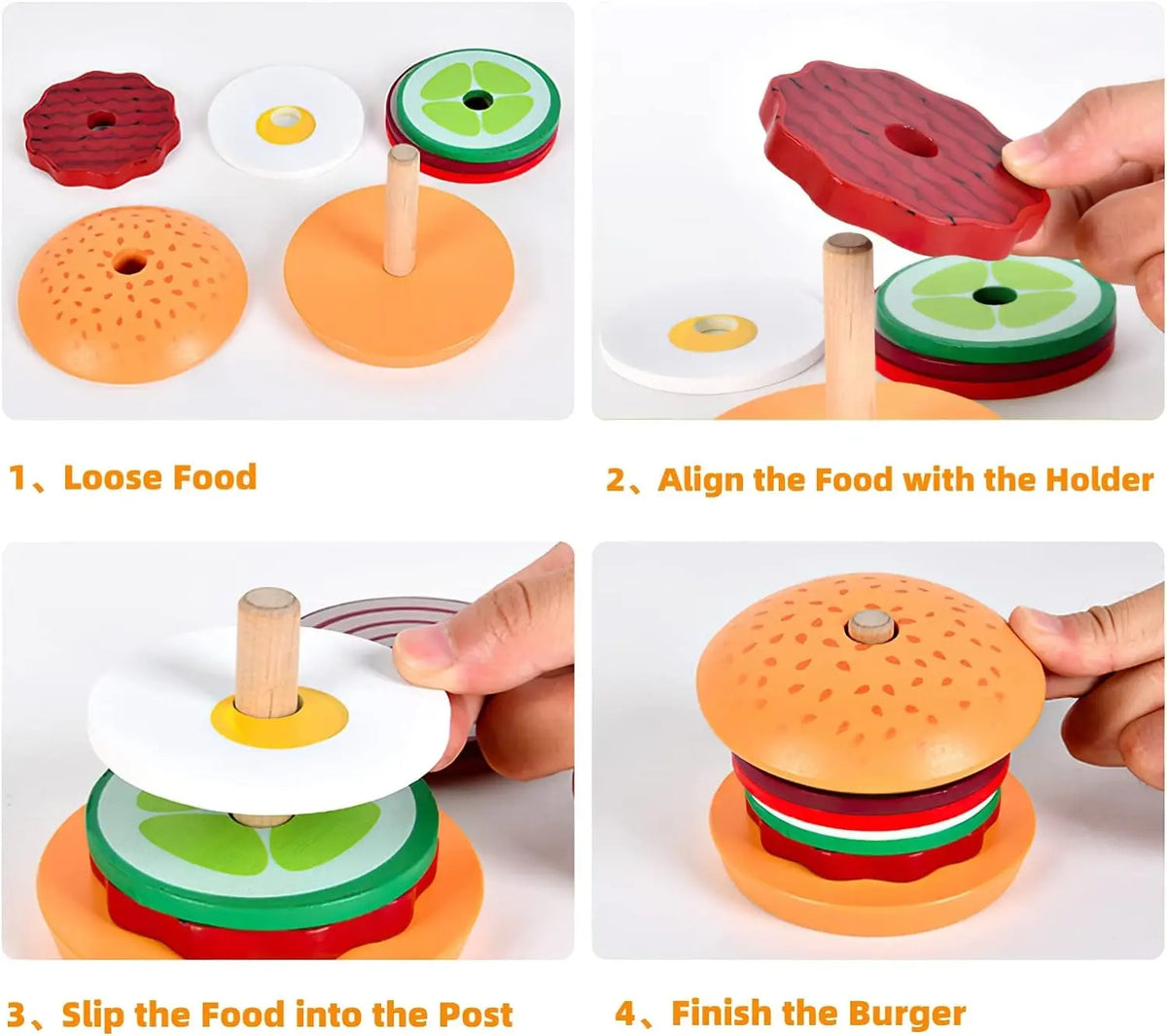 Todders Montessori Toy Wooden Hamburger Sandwich French Fries Sorting Stacking Toys Pretend Play Food Toy Kid Role Playing Games