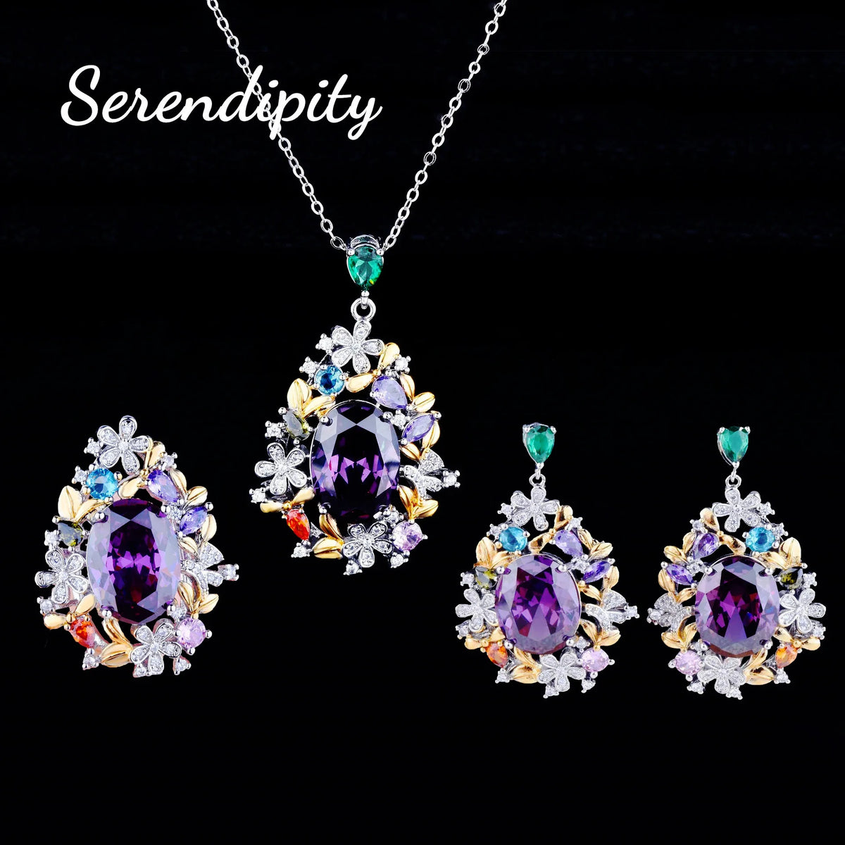 Foydjew Secret Garden Series Jewelry Luxury Flowers Design Jewelry Sets Amethyst Purple Stone Pendant Necklaces Earrings Rings