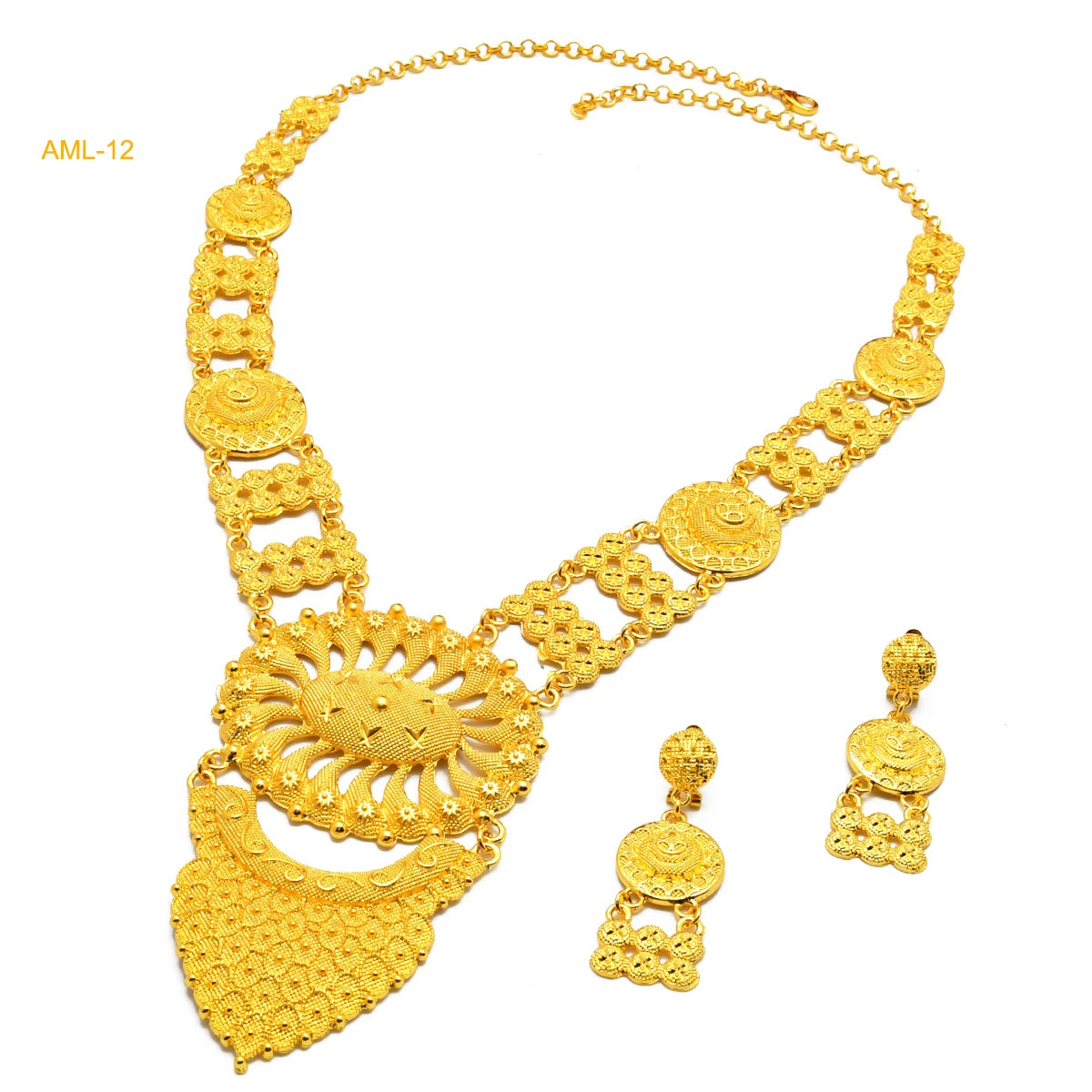 Dubai Indian Necklace Earrings Big Pendant Jewelry Set Gold Color For Women Nigeria African Bridal Wedding Party Jewellery Gifts