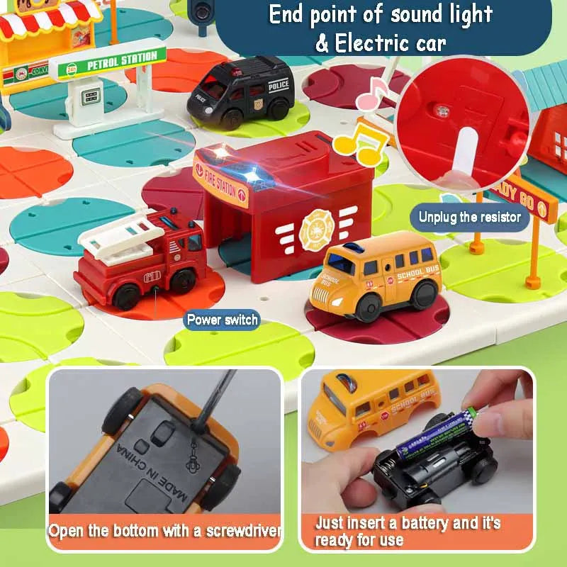 Kid Track Car Puzzle Set Toy DIY Assembling Maze Map Sound Light Electric Rail Car Logical Thinking Trainting Intellectual Game