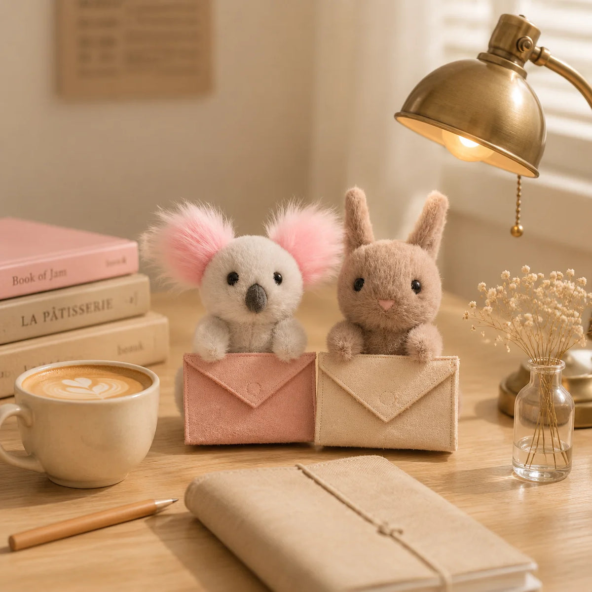 Letter Carrier Koala Bunny Plush Figurine 2 Styles, 18-21cm Openable Envelope with Secret Note Pocket, Kawaii Desk Shelf Decor