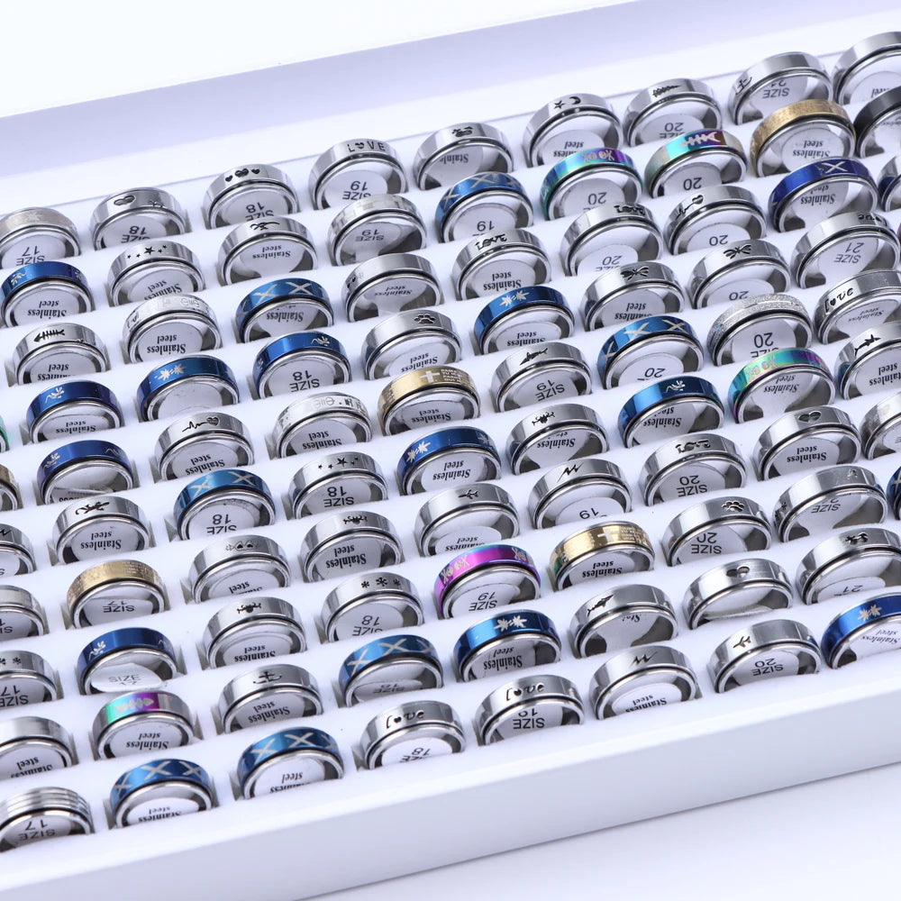 10/20/50/100Pcs/Lot Fashion Stainless Steel Stripe Heart Hollw Rings For Men Women Mix Style Simple Jewelry Party Gifts