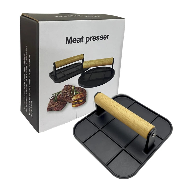 Cast Iron Burger Press Outdoor Non Stick Aluminum Alloy Rotundity Hand Meat Burger Press with Wooden Handle for Home Kitchen BBQ
