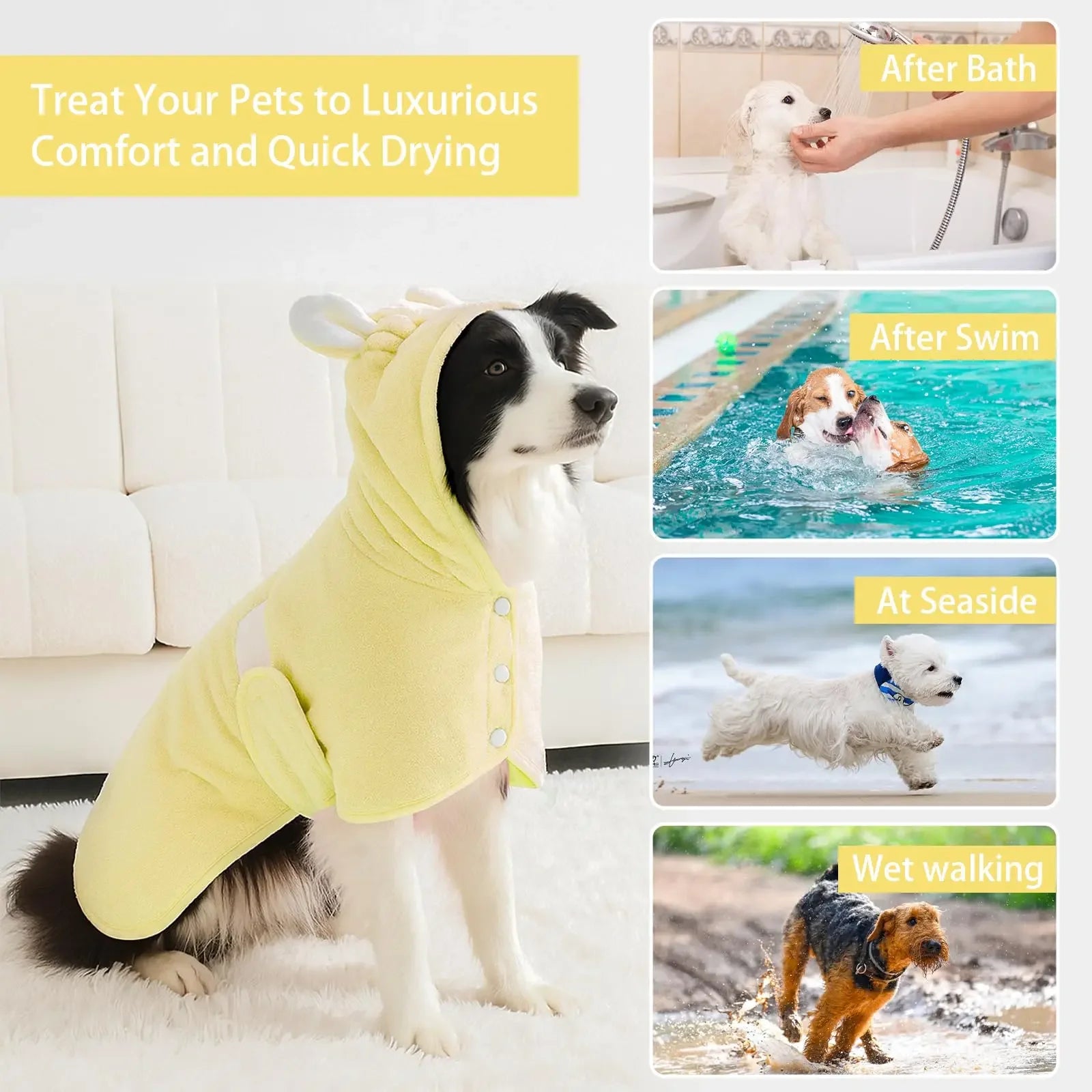 Pet Bathrobe for Dogs and Cats Super Absorbent Pet Dog Bath Towel Hooded Coat Adjustable Collar and Belly StrapXS To L