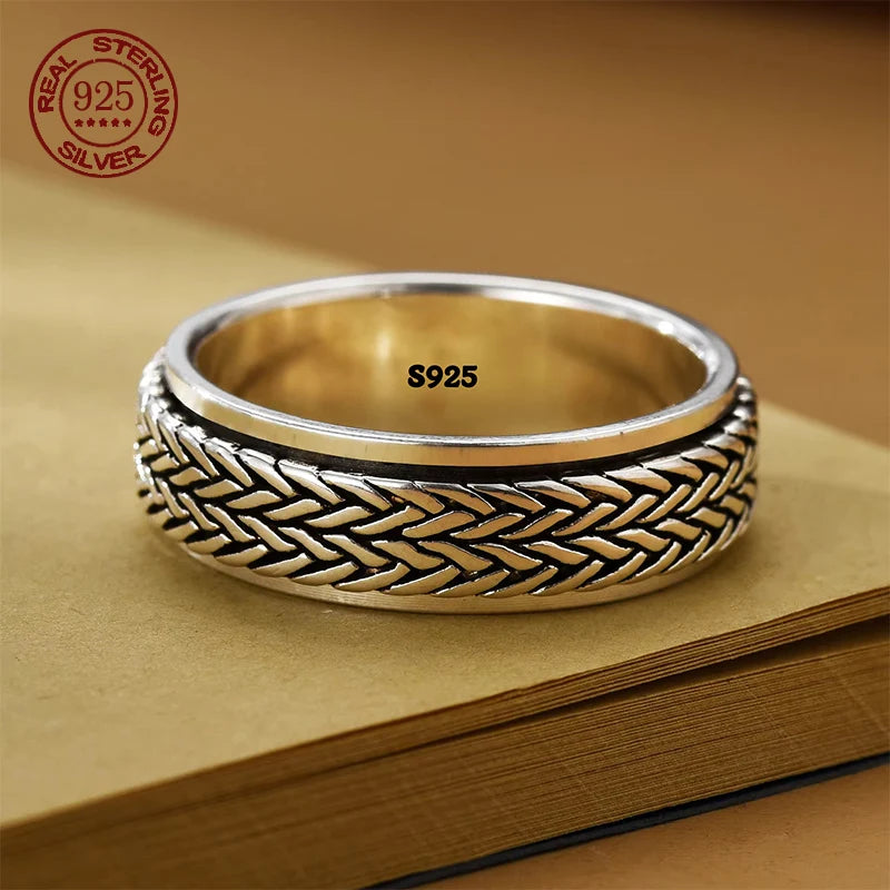 Rotatable S925 Sterling Silver Ring for Men  Vintage Retro Stars Auspicious Cloud Couple Band Women Index Finger Accessories