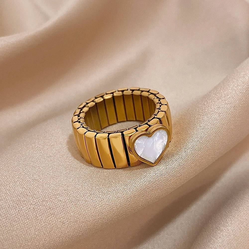 Greatera Elastic Force Stainless Steel Women's Ring Heart Pattern Fashion Colorfast Wide Design Valentine's Day Gift Jewelry