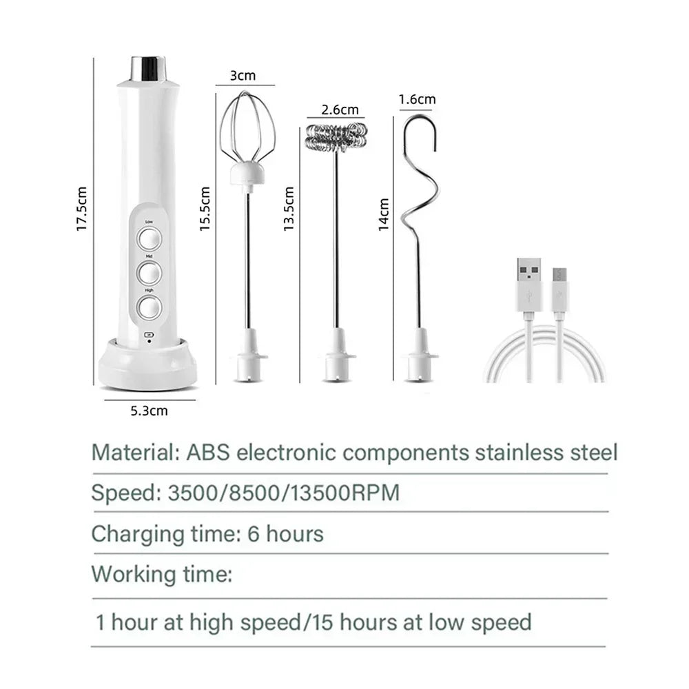 USB Rechargeable Milk Frother Mini Handheld Electric Foam Maker with 3 Speed Whisks for Latte Coffee Cappuccino