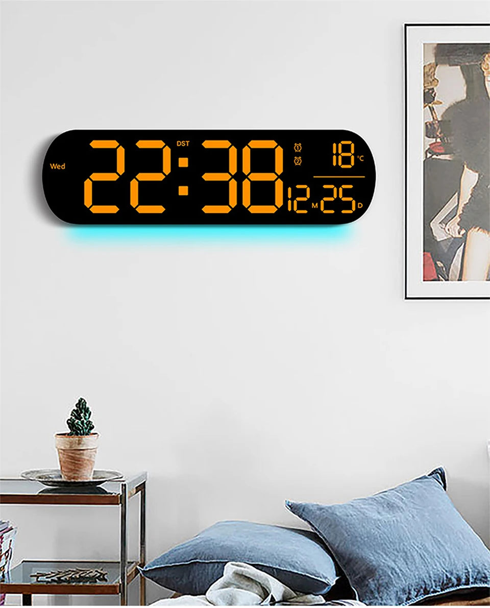 LED Luminous Digital Wall Clock With Remote Control Ambient Lights 14'' Creative RGB Alarm Clock  Date Temp Display  Home Decor