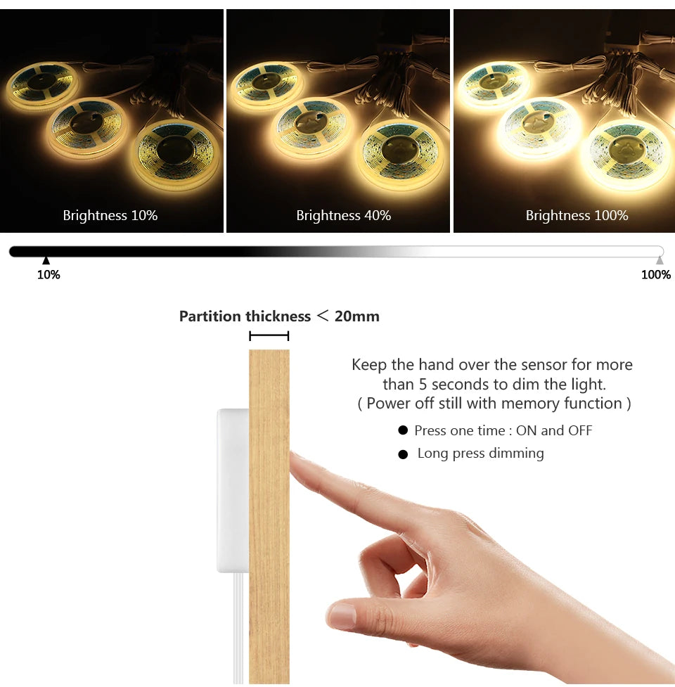 1-6pcs COB LED Strip Light Under Cabinet Collection Display Touch Dimmer Bookcase Wardrobe Motion Sensor Penet Wood Closet Lamp