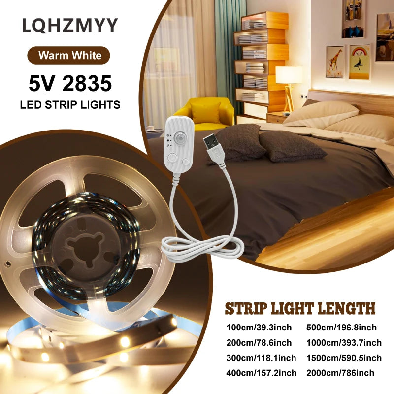 Suspended bed sensor LED light strip, low voltage 5V, USB powered, 1m to 20m, can be cut to any length, with a human body sensor switch that turns on when someone approaches. Night mode/day mode/constant light mode, su