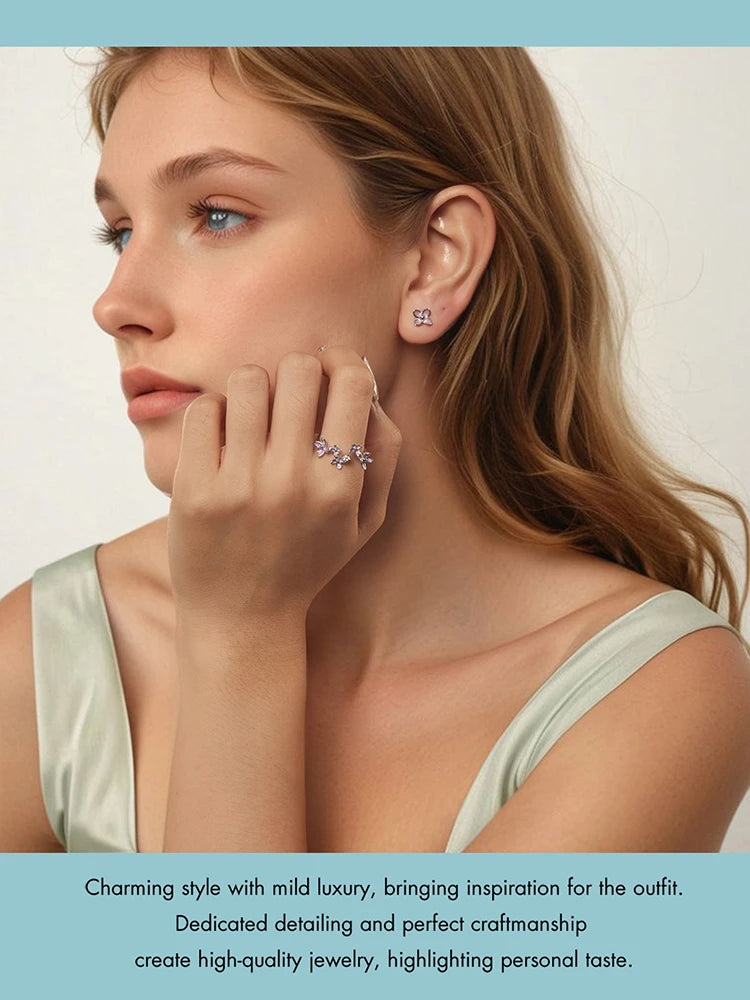 Bamoer 925 Sterling Silver Original Blue Butterfly Ring Lilac Flower Earrings for Women Jewelry Set Anniversary Engagement Gift