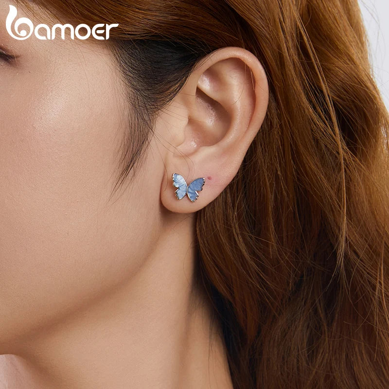 Bamoer 925 Sterling Silver Original Blue Butterfly Ring Lilac Flower Earrings for Women Jewelry Set Anniversary Engagement Gift