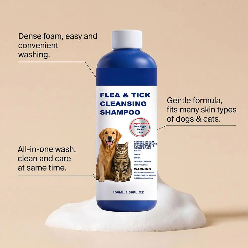 100ml Pet Flea & Tick Cleansing Shampoo Gentle Soothing Deodorizing Bath Wash For Dogs Cats Deep Cleaning Remove Lice Mite