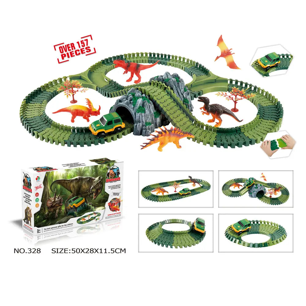 Dinosaur Railway Car Kids Track Racing Track Toys Set Bend Flexible Race Track Flash Light Car Educational Toys for Kids Gifs