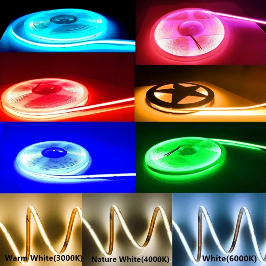 DC 12V 24V COB Strip 320Leds/480LedsM High Density RA90/RA95 Pink Yellow Ice Blue Red Green Flexible Ribbon Rope FOB LED Light
