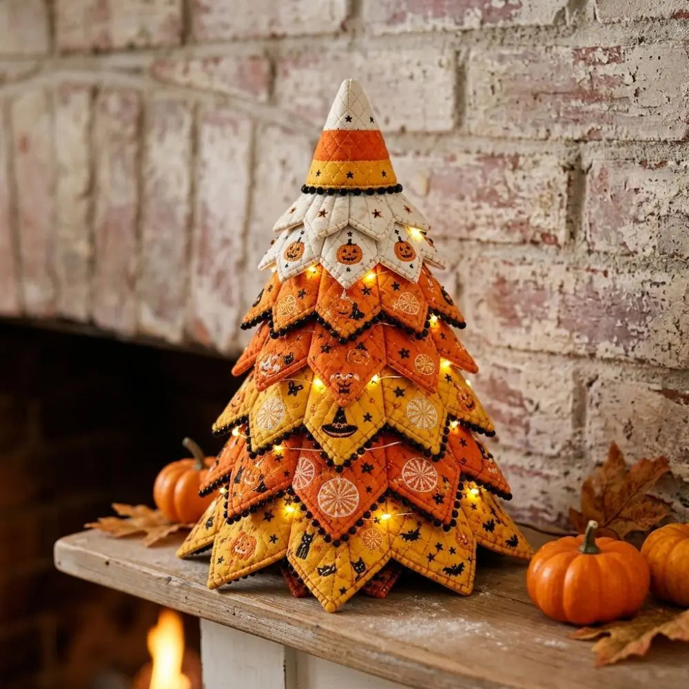 Vintage Halloween Quilted Fabric Tree Kit Pumpkin Ghost Black Cat Spider DIY Patchwork Tabletop Tree Set Tree Ornament 3D Thick