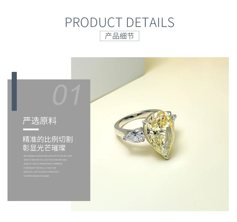 925 sterling silver European and American classic three stone water droplet ring inlaid with imported high carbon diamond