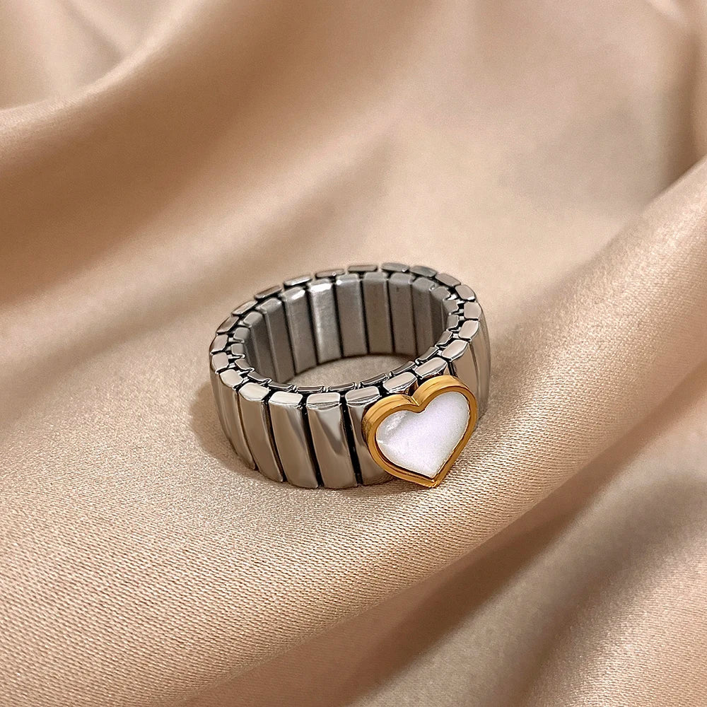 Greatera Elastic Force Stainless Steel Women's Ring Heart Pattern Fashion Colorfast Wide Design Valentine's Day Gift Jewelry