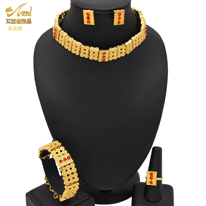 ANIID Ethiopian Gold Color 6pcs Jewelry Sets For Women Dubai Flower Shape Nigerian Luxury Necklace Jewellery Set Wedding Gifts