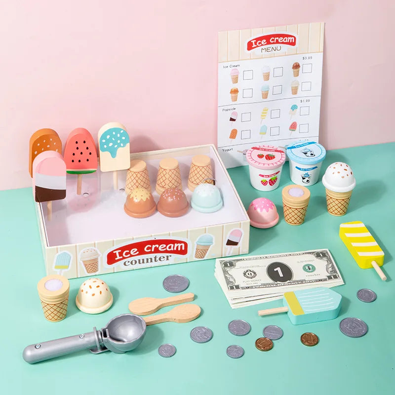 Wooden Ice Cream Toys for Toddler, Play Store Pretend Food Kitchen Accessories with Scoop & Menu & Toy Cash,Christmas Gift