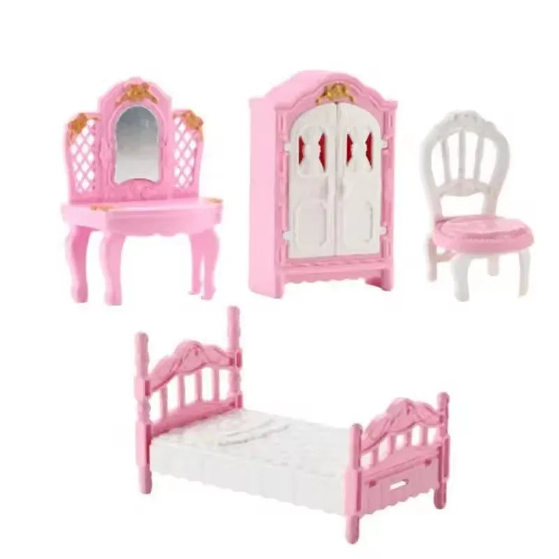 Pink Miniature Dollhouse Furniture Accessories Set Mini House Furniture Room Collection with Bedroom Living Room Kitchen Bathrom