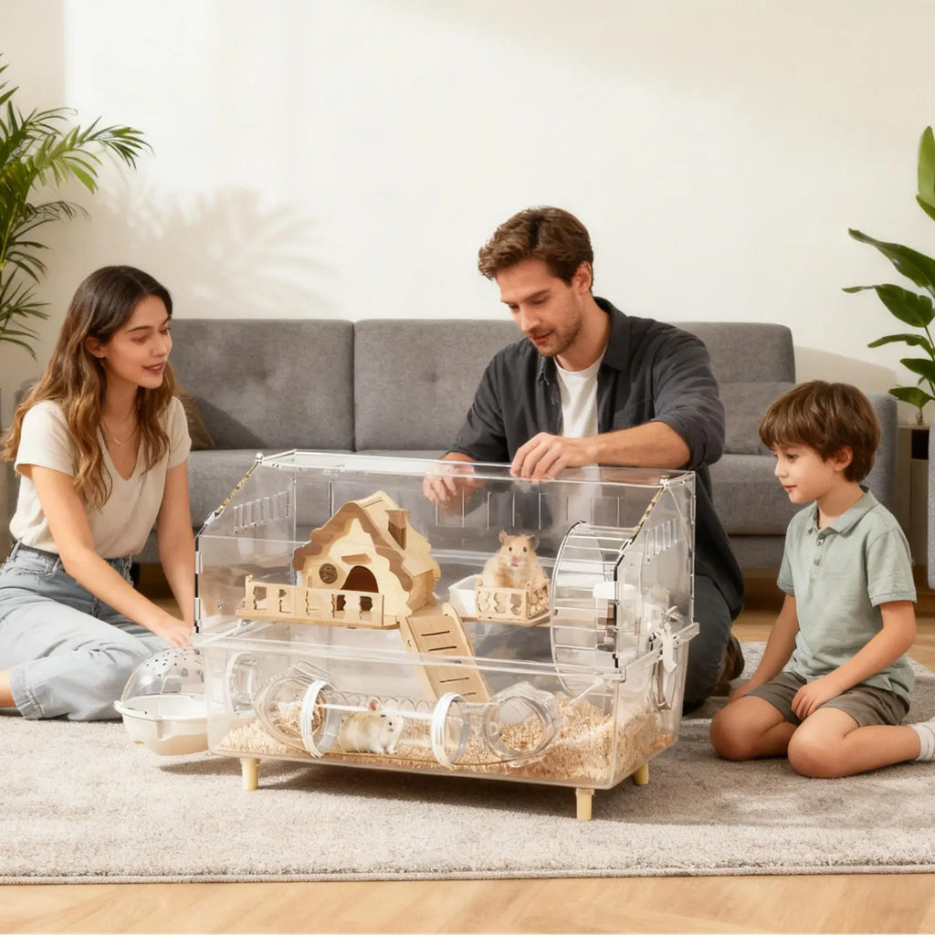 Hamster Cage 2-Layer Clear Acrylic Pet Habitats Hamster Enclosure for Indoor Outdoor Home Yard Breeding Observation Pet Shop