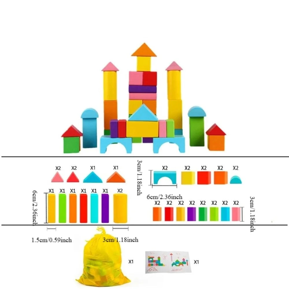 40PCS/SET Colorful Wooden Building Blocks Learning Sensory with Storage Bag Early Educational Toys Wooden 3D Stacking Blocks