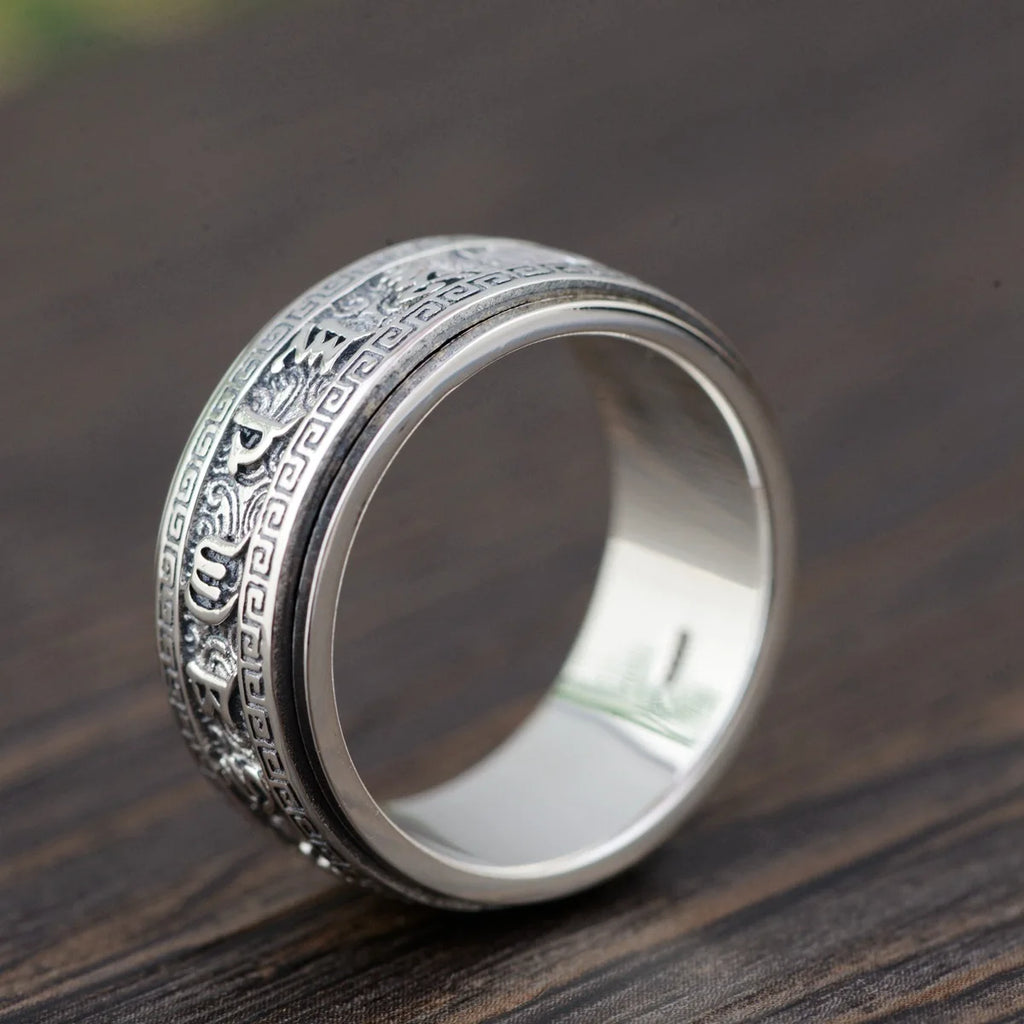Factory Price S925 Sterling Silver Craft Mens Rings Rotable Stereoscopic Vintage Glossy Six-character Mantra Jewelry Gift