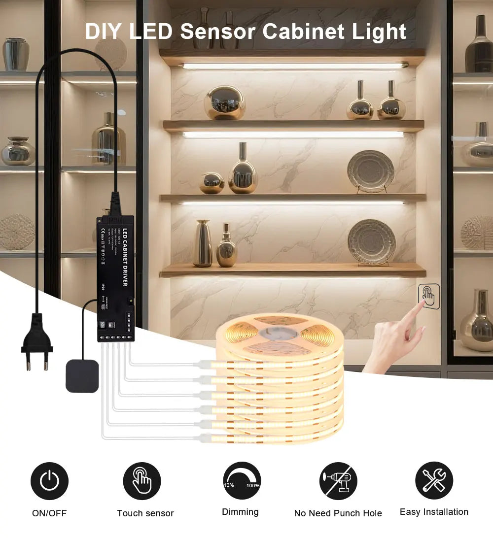 Under Cabinet COB LED Strip Light Collection Display Closet Bookcase Wardrobe Lamp Tape Penetrable Wood Dimmable Touch Sensor