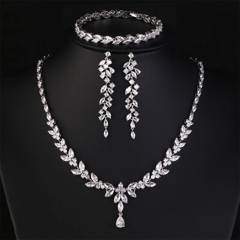 ZAKOL Luxury Cubic Zirconia Necklace Earrings Rings Set for Women Shinny Water Drop Leaf CZ Bridal Wedding Jewelry Sets