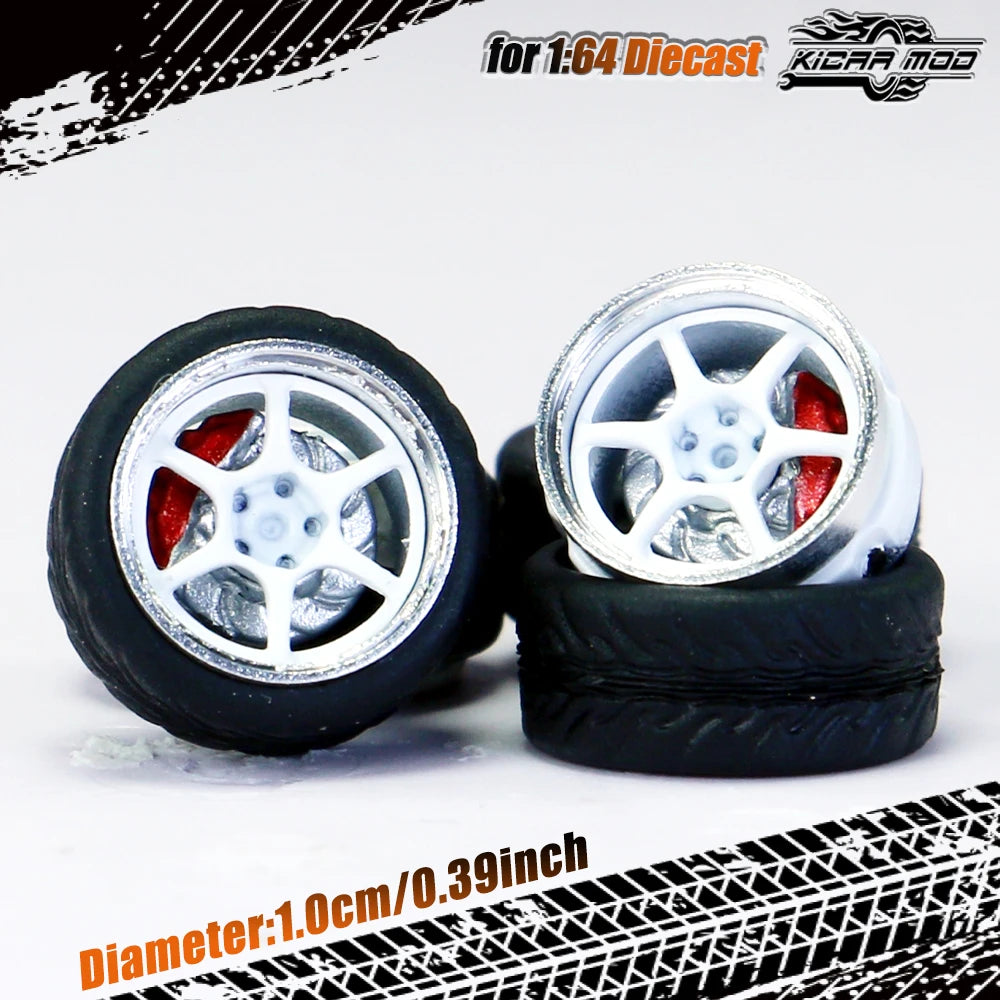 Kicarmod 1/64 Model Car ABS Wheels with Rubber Tire Brake Disc Metal Rims Diameter 10mm Refitting Parts For Model Car