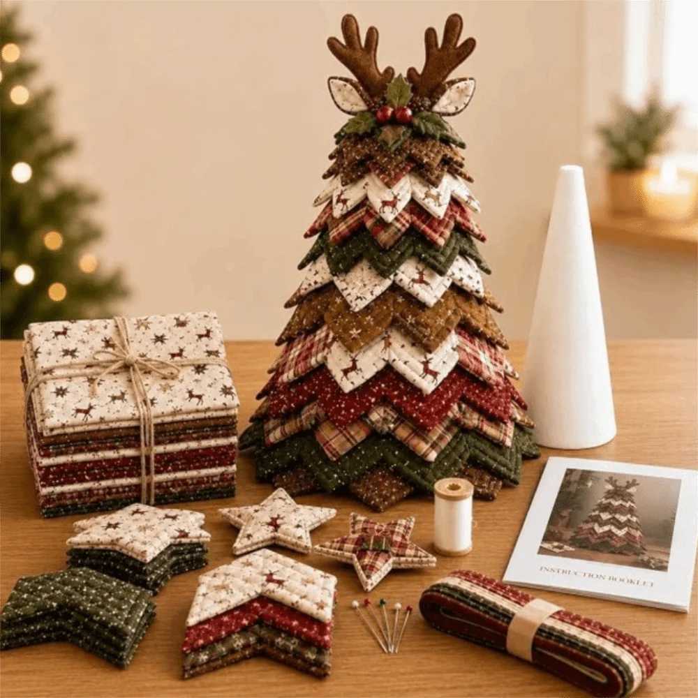 Vintage Quilted American-style Christmas Tree Kit 3D Layered Fabric Patchwork Christmas Tree Kit Santa Claus Snowman