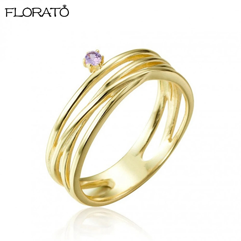 Trendy 18K Gold Plated Engagement Ring for Women Luxury Fashion Elegant Purple Crystal Wedding Rings Party Jewelry Gifts