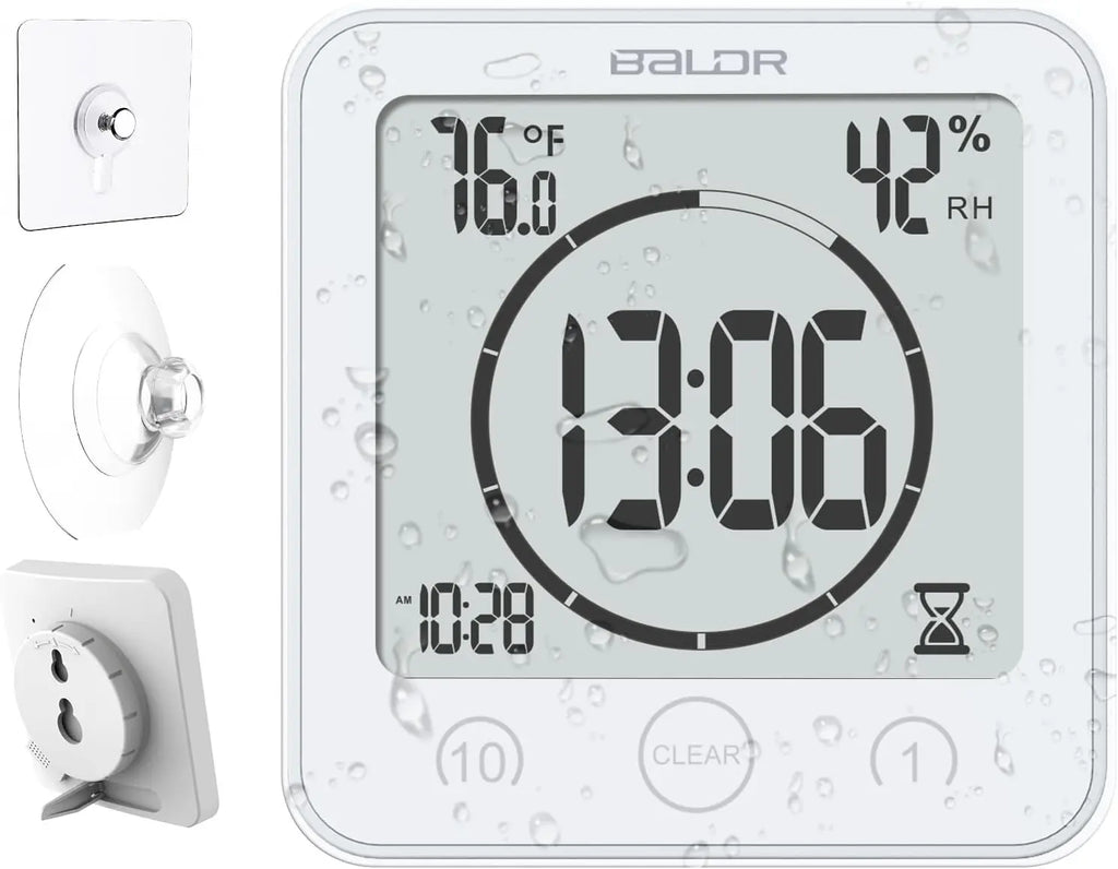 Waterproof Bathroom Wall Clock Digital Shower Clock Timer with Touch Screen, Temperature, Hanging Hole Stand for Kids & Adults