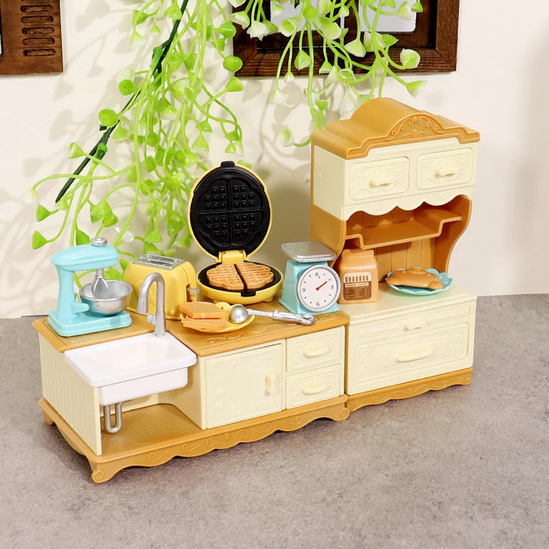 DIY Forest Family 1/12 Kitchen Furniture Bathroom Bedroom Bakeware Sets Miniature Model Dollhouse Accessories Refrigerator Gift